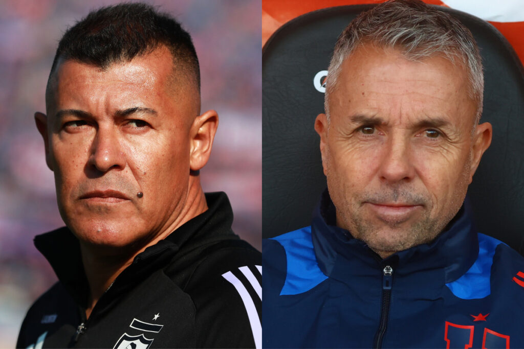 Primer plano de Jorge Almirón y Gustavo Álvarez.