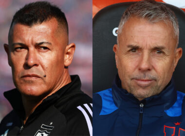 Primer plano de Jorge Almirón y Gustavo Álvarez.
