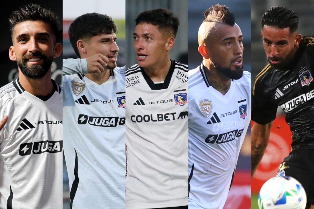 Emiliano Amor, Alexander Oroz, Cristián Zavala, Arturo Vidal y Mauricio Isla con la camiseta de Colo-Colo.