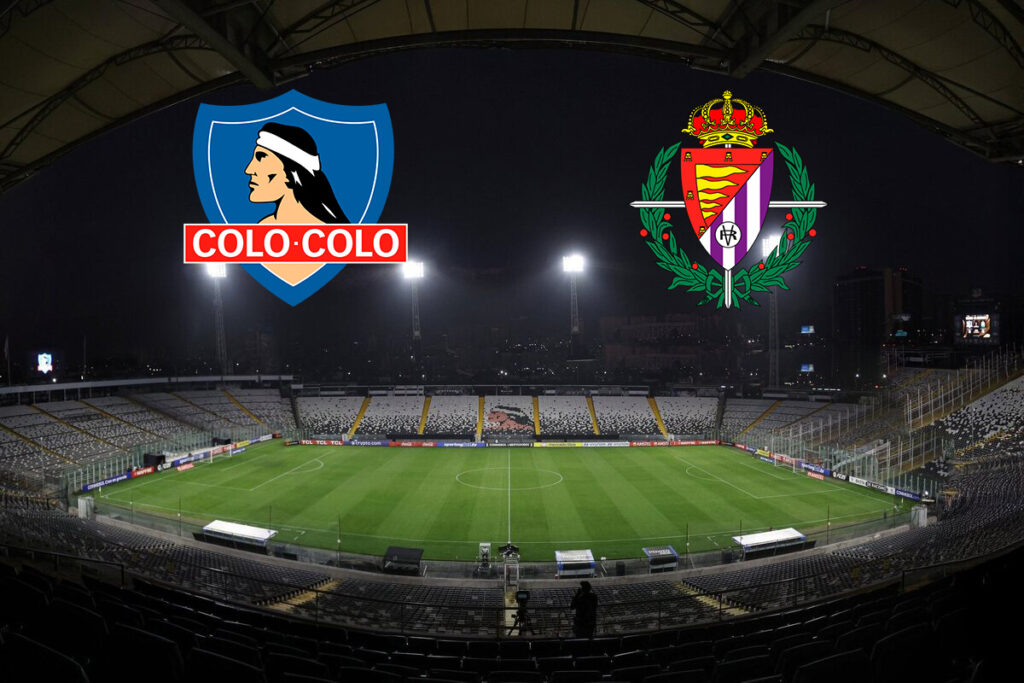 Estadio Monumental junto a los escudos de Colo-Colo y Real Valladolid.