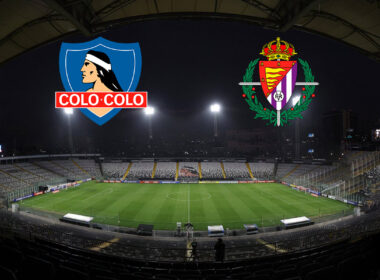 Estadio Monumental junto a los escudos de Colo-Colo y Real Valladolid.