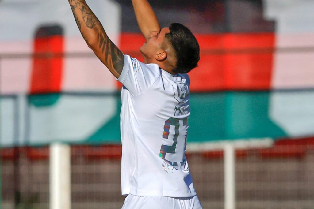 Esteban Matus celebrando un gol con la camiseta de Audax Italiano.