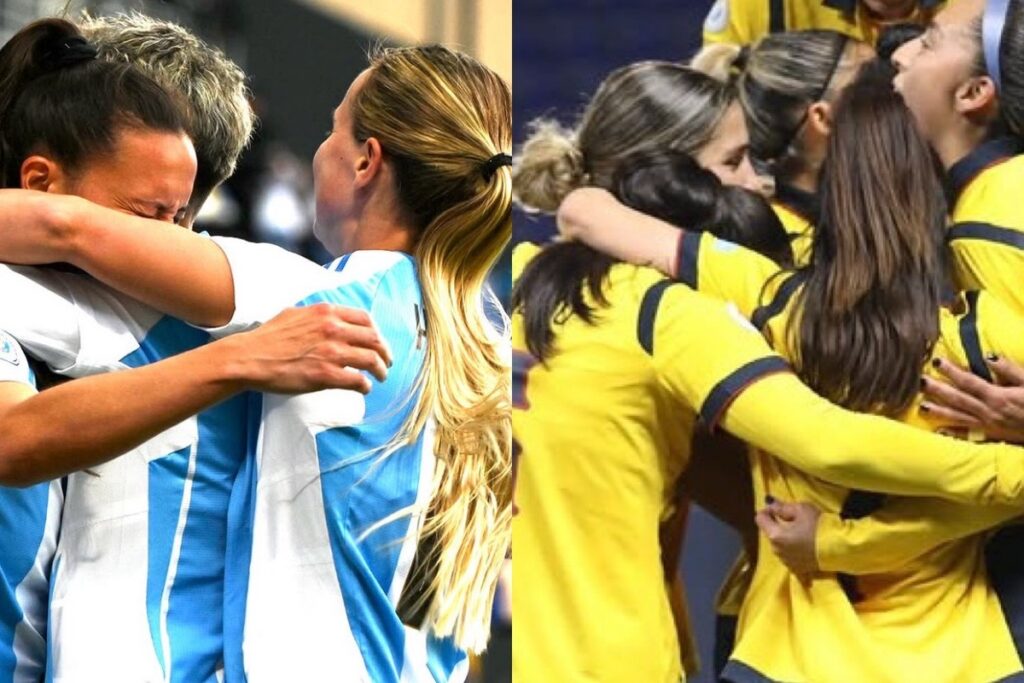 La Selecciones de Argentina y Ecuador festejando sus respectivos triunfos en la fecha 2 de Copa América Femenina.