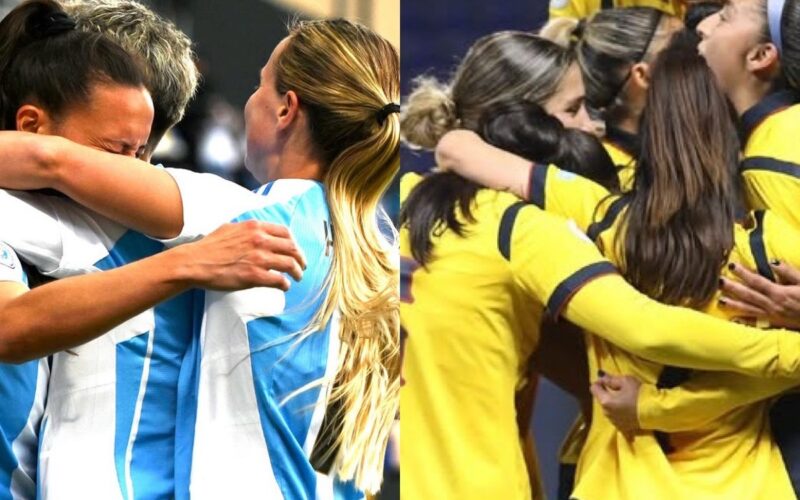 La Selecciones de Argentina y Ecuador festejando sus respectivos triunfos en la fecha 2 de Copa América Femenina.