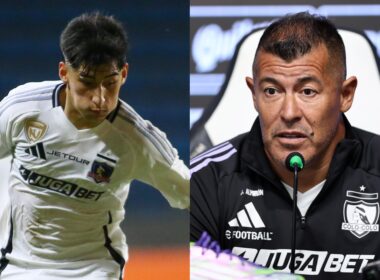 Primer plano a Francisco Marchant y Jorge Almirón con indumentaria de Colo-Colo.