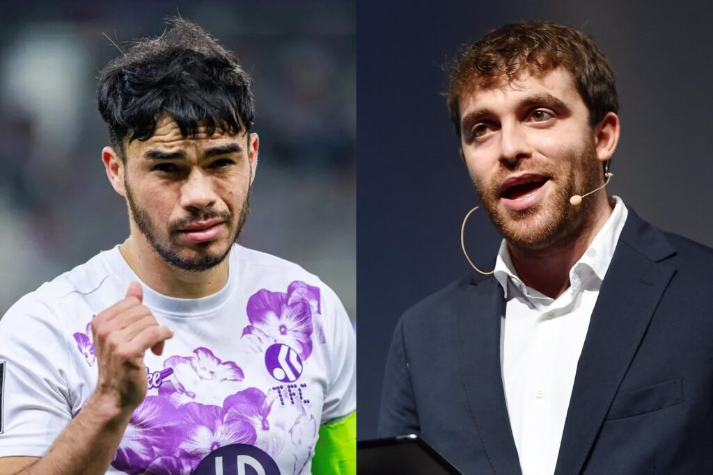 Primer plano a Gabriel Suazo con camiseta de Toulouse y Fabrizio Romano