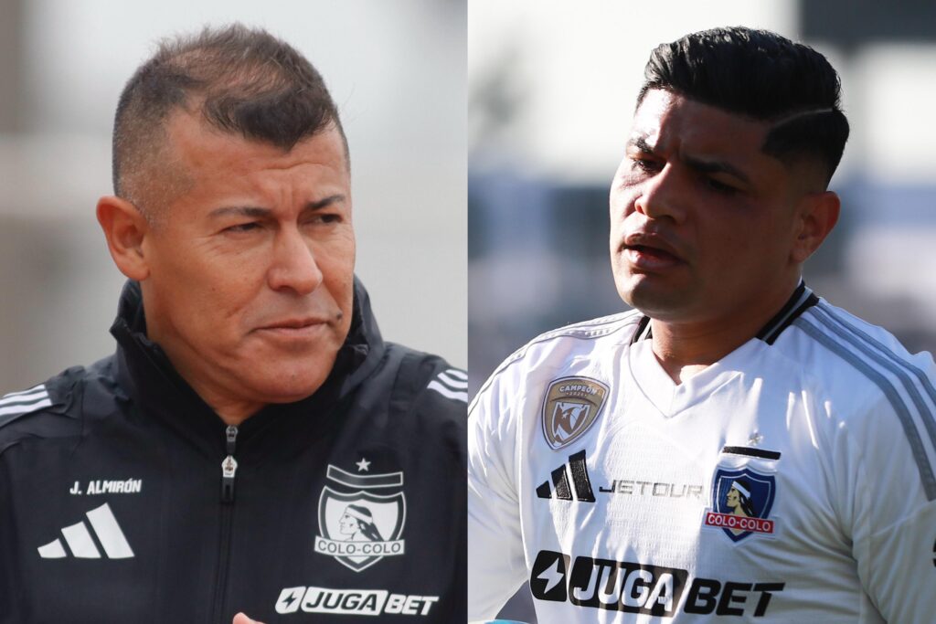 Primer plano a los rostros de Jorge Almirón y Claudio Aquino con camiseta de Colo-Colo.