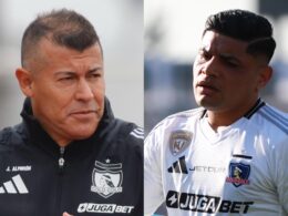 Primer plano a los rostros de Jorge Almirón y Claudio Aquino con camiseta de Colo-Colo.
