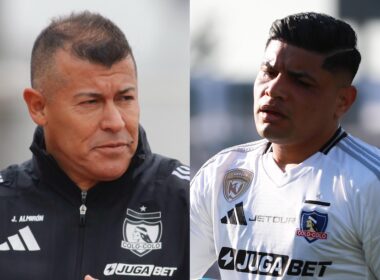 Primer plano a los rostros de Jorge Almirón y Claudio Aquino con camiseta de Colo-Colo.