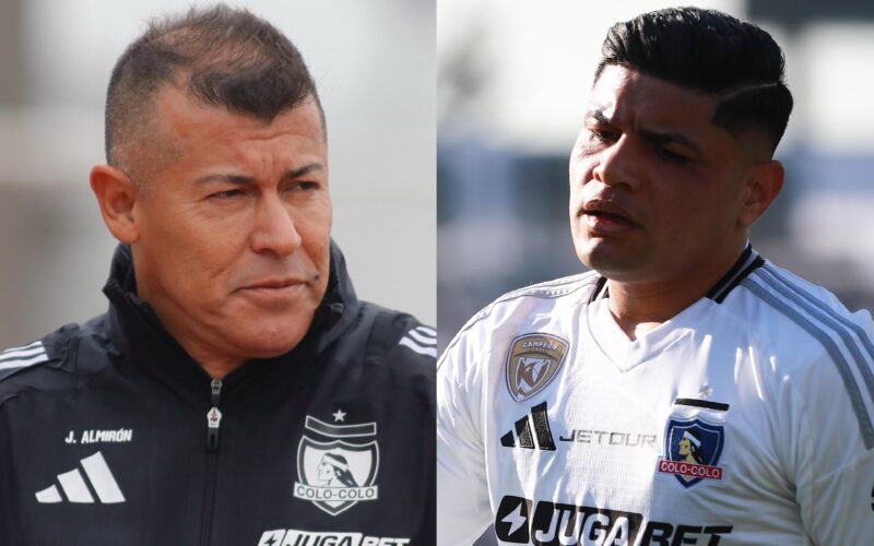 Primer plano a los rostros de Jorge Almirón y Claudio Aquino con camiseta de Colo-Colo.