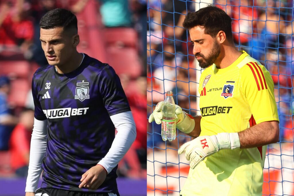 Lucas Cepeda y Fernando de Paul utilizando las dos nuevas camisetas de Colo-Colo en el Superclásico.