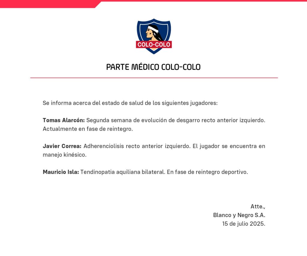 Parte médico de Colo-Colo publicando las lesiones de Tomás Alarcón, Javier Correa y Mauricio Isla.